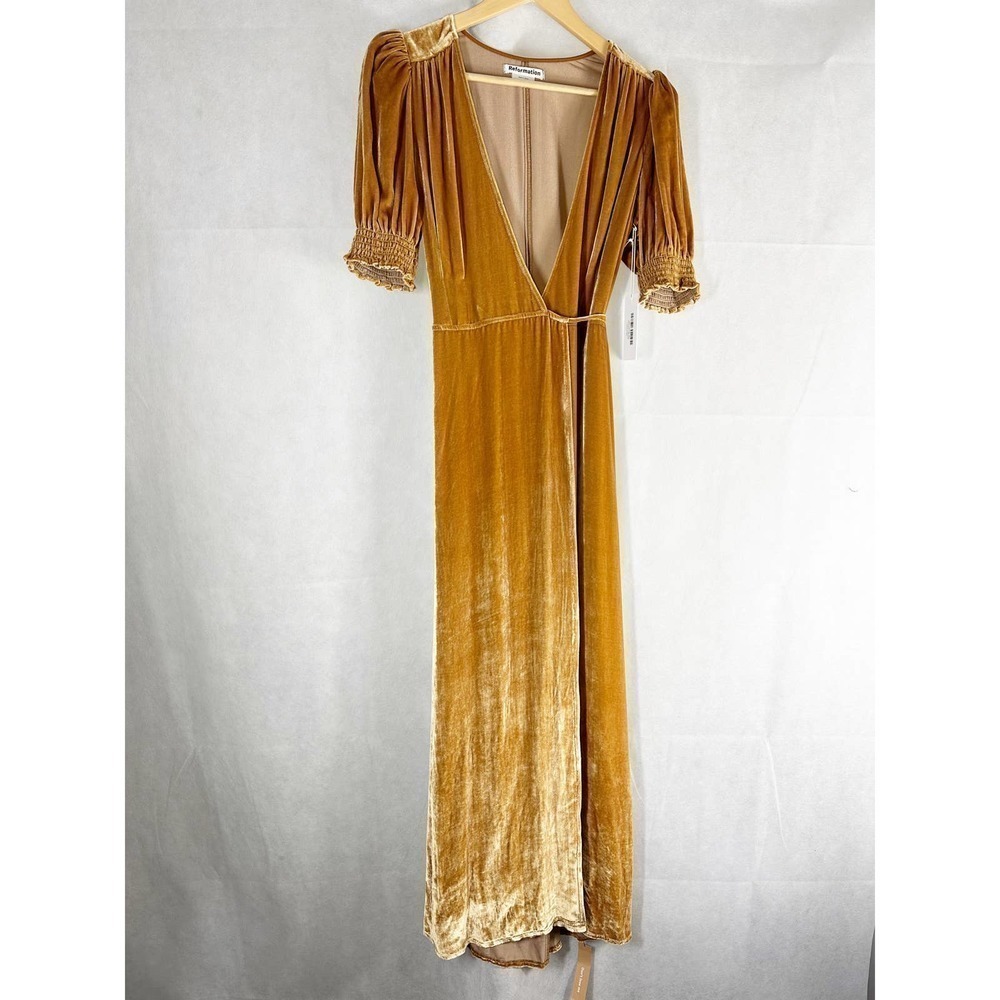 Reformation The Peonie Wrap Silk Blend Midi Dress Size XS Gold